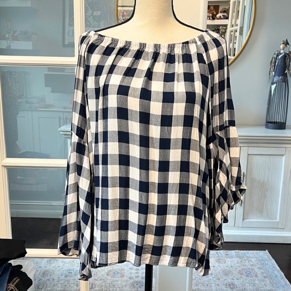 Fever Blue & White Checkered Peasant Boho Top Flowy Bell Sleeves L